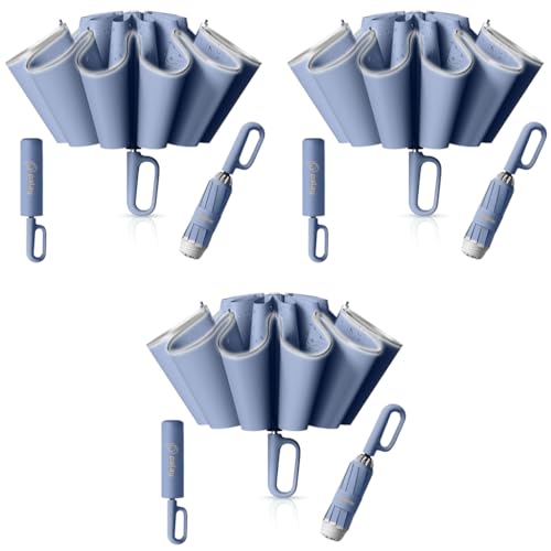 PALAY® 50 Large Umbrella with Reflective Strip Auto 3-Fold Compact Travel Carabiner Handle Reinforced 10 Dual Ribs Sun Protection 99 UV Rain Windproof for Men Women Blue 3 PCS PALAY® 50 Large Umbrella with Reflective Strip Auto 3-Fold Compact Travel Carabiner Handle Reinforced 10 Dual Ribs Sun Protection 99 UV Rain Windproof for Men Women Blue 3 PCS